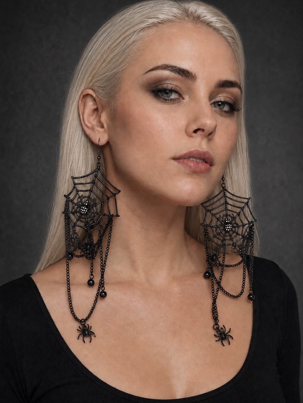 LORYLIN Black Spider Web Halloween Dangle Earrings with Chains and Spiders